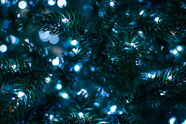 istock Close-Up of Illuminated Christmas Tree Branches with Twinkling Blue and White Lights 2255286804