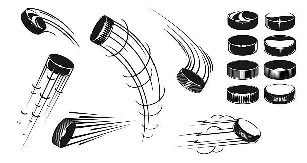 Ice hockey puck motion with dynamic streak effects, speed lines, rotations and energy trails, emphasizing sports, fast paced action and competition. Vector set of moving black and white hockey pucks