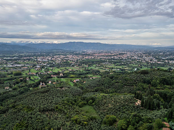 Aerial view of Lucca and countryside, springtime, Tuscany