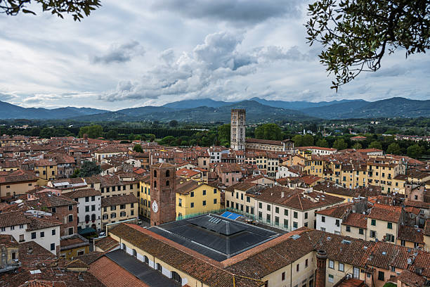 Aerial view of Lucca and countryside, springtime, Tuscany