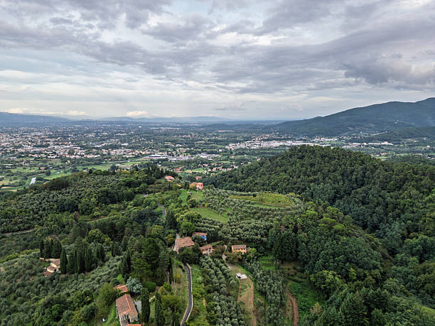 Aerial view of Lucca and countryside, springtime, Tuscany
