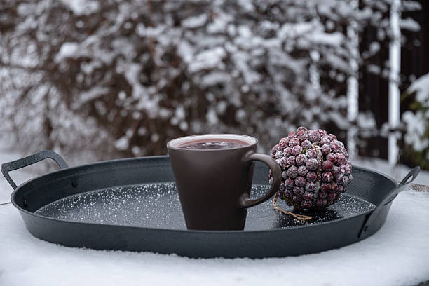 Cup of hot drink on metal tray placed on snow outdoors. Cozy winter moment, cold weather comfort, minimal outdoor lifestyle.