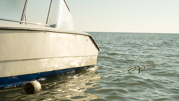 Recreation boat moored on calm blue ocean, sunlight glinting on gentle ripples and white hull detail, peaceful summer scene with clear sky and ample copy space.