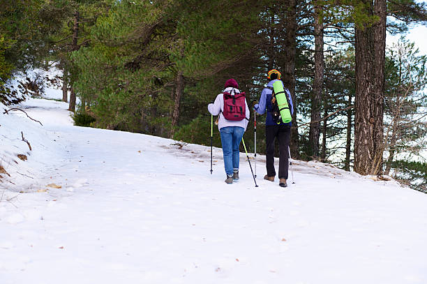 Two hikers walk a snow-covered forest trail with backpacks and trekking poles, showcasing outdoor adventure, teamwork, and winter beauty.