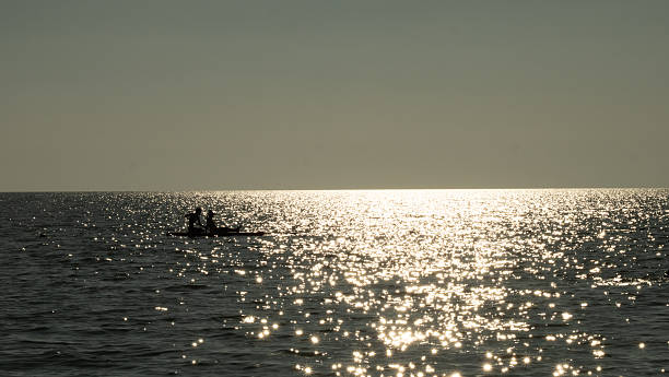 Two people paddleboarding on a calm ocean, silhouetted against the setting sun reflecting brightly and sparkling on the water surface, creating a peaceful and serene scene.