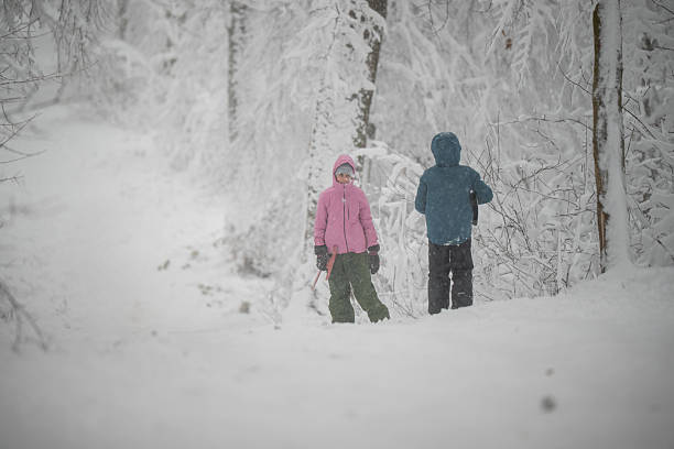 Children exploring a snow-covered winter forest during a heavy snowfall. Enjoying outdoor winter activity and leisure