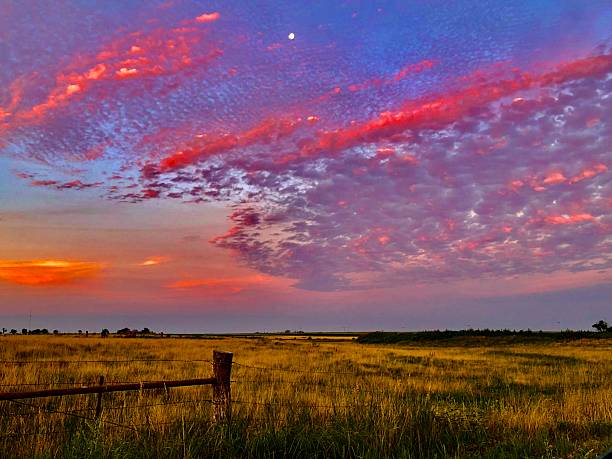 Bright pink and purple fill the clouds over farmland on the prairie at sunrise. As dawn was breaking light from the sun bounced off the clouds creating vibrant colors.
