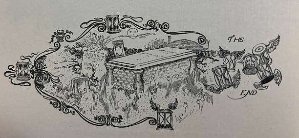 Antique illustration pre 1900 - headstones in a cemetery with the words The End near them