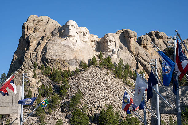 Keystone, South Dakota, USA - August 3, 2016: The morning sun casts shadows on Mount Rushmore National Memorial.