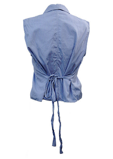 A studio shot of a blue and white striped sleeveless blouse with ruffle front detail and tie back design, shown from front and back view, isolated on a clean white background with copy space, suitable for fashion catalog, e-commerce, womenswear, and apparel design concepts