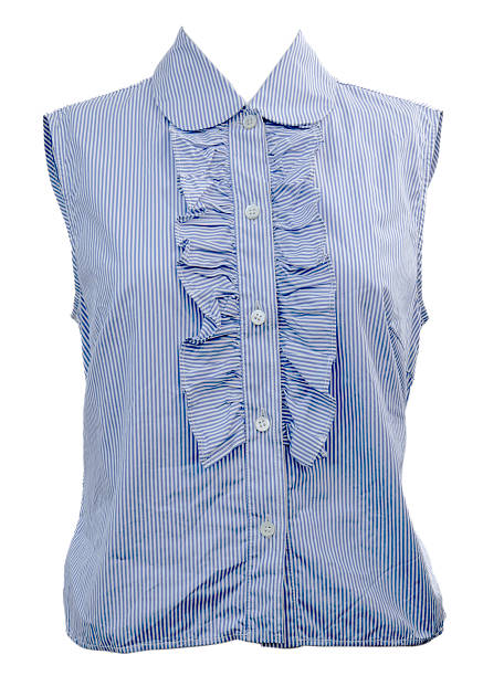 A studio shot of a blue and white striped sleeveless blouse with ruffle front detail and tie back design, shown from front and back view, isolated on a clean white background with copy space, suitable for fashion catalog, e-commerce, womenswear, and apparel design concepts