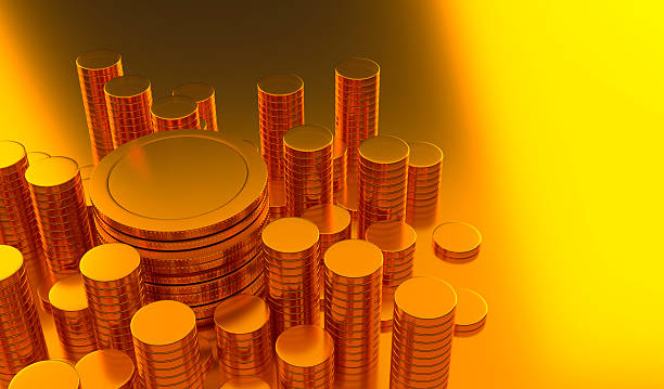 A luxurious 3D illustration displaying multiple stacks of blank gold coins arranged in a dense cluster. The scene is bathed in a warm, golden light that enhances the reflective metallic textures of the coins. The central coin stack stands slightly taller, suggesting leadership or growth potential. This monochromatic gold-themed background perfectly represents themes of wealth, savings, capital investment, and financial abundance.