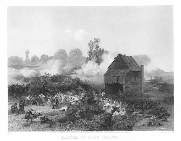 Long Island battle, the British siege Brooklyn, New York, during American Revolutionary War, August 1775. Steel engraved illustration published 1874. Copyright expired; artwork is in Public Domain.