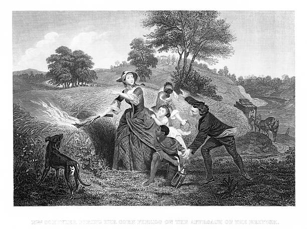 Catherine Van Rensselaer Schuyler, wife of General Philip Schuyler, sets fire to their wheat fields in Schuylerville, NY, to deny them to the advancing British forces during the Revolutionary War. Steel engraved illustration published 1874. Copyright expired; artwork is in Public Domain.