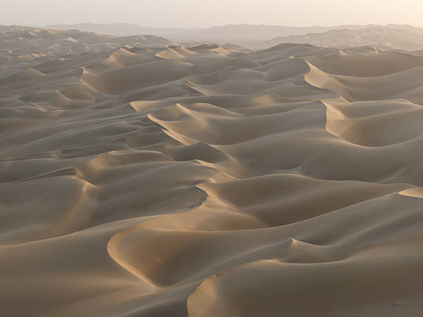 Soft morning light illuminates rolling sand dunes stretching into the distance in the desert of Xinjiang, China. The layered forms and gentle textures convey scale, tranquility, and the timeless beauty of an arid landscape.