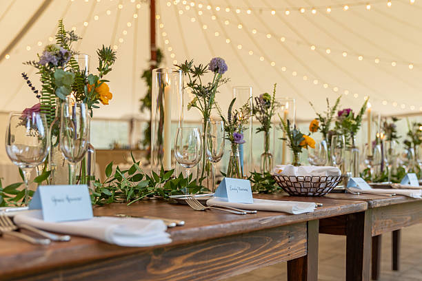 Farm table set for wedding dinner