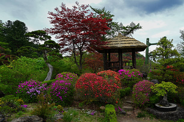 A traditional pavilion surrounded by flowers in Garden of Morning Calm, Seoul