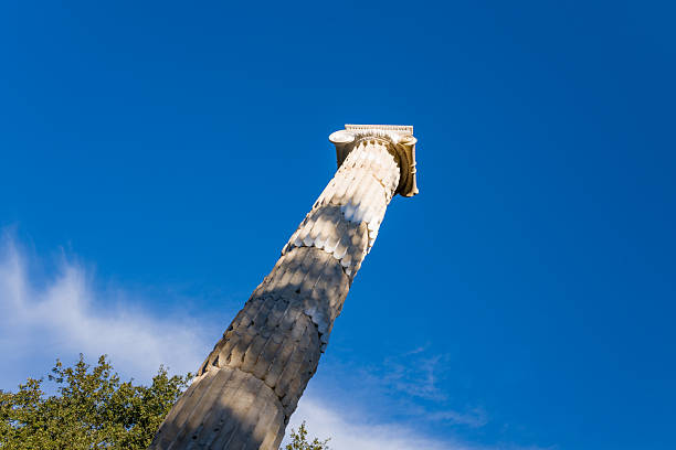 Low-angle view of the fluted ancient column from the Monument of Ptolemy II and Arsinoe at Olympia, Greece, set against a vivid blue sky. Crisp sunlight highlights the classical Ionic capital and textured stone surface, with green foliage at the base.