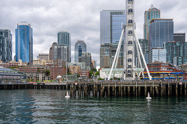 A vibrant view of Seattle’s downtown waterfront featuring the iconic Seattle Great Wheel ferris wheel surrounded by modern skyscrapers and historic waterfront buildings. Captured under an overcast sky, the scene highlights the blend of entertainment, architecture, and urban life—ideal for editorial, travel, and commercial use.