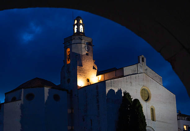 St. Maria Church, Gothic and Baroque designed in the 16th century  seen at night, Cadaques, Costa Brava, Catalonia, Spain