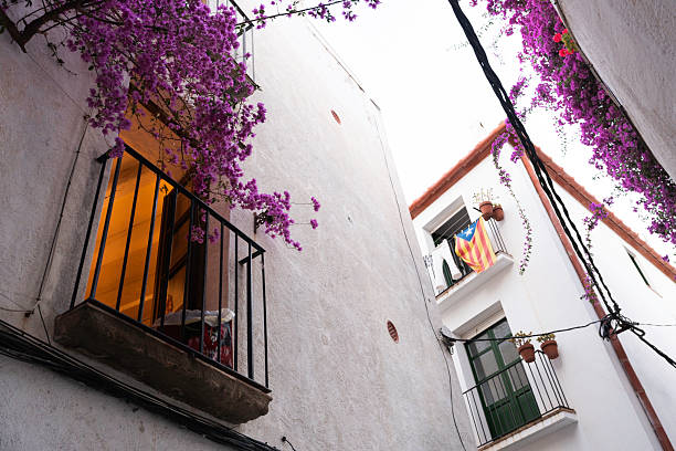 Picturesque narrow lanes snaking through the tiny fishing village of Cadaques, Costa Brava, Catalonia, Spain