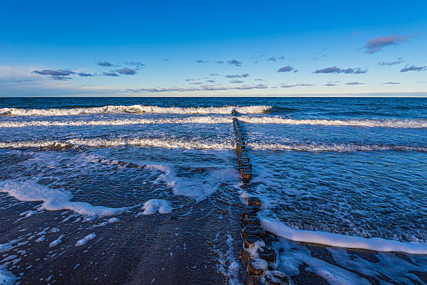 Waves and breakwater on the Baltic Sea beach in Heiligendamm, Germany.
