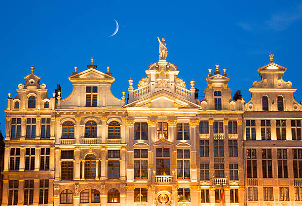 Belgium, Brussels,  The  Grand Place square  facades  moonrise