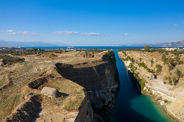 The Corinth Canal which connects the Gulf of Corinth in the Ionian Sea with the Saronic Gulf in the Aegean Sea.
