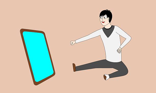 istock A cartoon man is sitting on the floor and pointing at a blue screen 2255349506