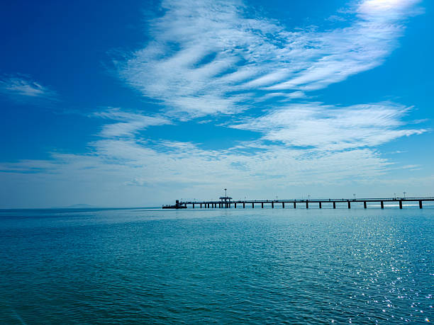 A bright blue sky filled with soft clouds overlooks a tranquil body of water. A sturdy pier juts out, inviting visitors to enjoy a peaceful afternoon by the sea.
