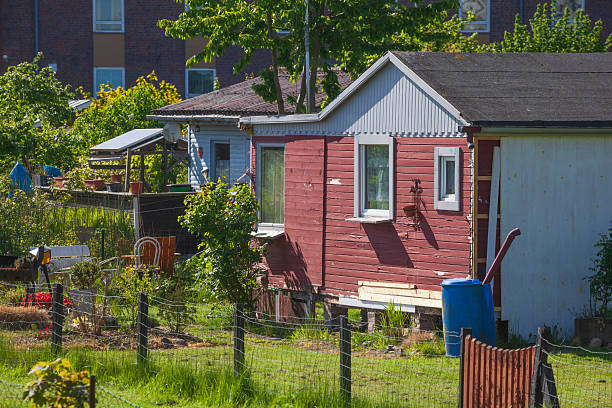 Garden arbor with allotment garden in spring, Bremerhaven, Bremen, Germany