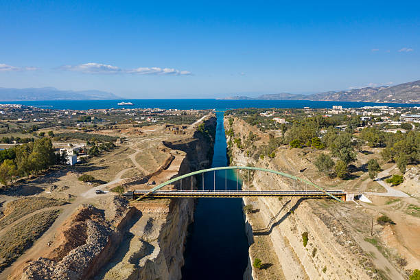 Wide aerial view of an arched bridge crossing the Corinth Canal, with steep rocky cliffs, dry terrain, and the vivid blue sea in the distance under a clear sky.