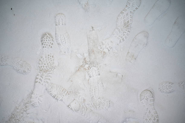 Closeup a Child's small footprints pressed into fresh snow, symbolizing innocence, beginnings, winter travel. Ideal for themes of family, growth, journey, solitude, storytelling in ads and films! Kid