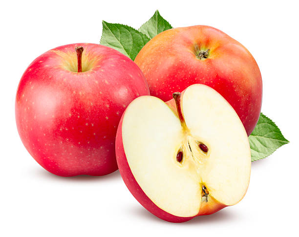 Fresh red apples with sliced halves and green leaves isolated on white background, featuring crisp texture and natural color, ideal for healthy food, nutrition, and organic fruit concepts.