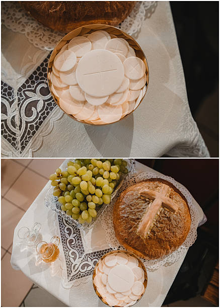 Consecrated communion hosts stored in golden ciborium on altar table, sacred element of Catholic Eucharist ceremony and Christian faith tradition.
