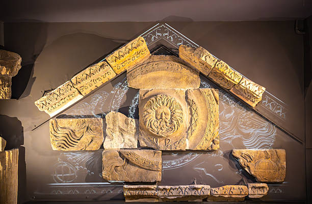 Bath, United Kingdom - December 27, 2025: Reconstruction of the ancient entrance to the roman Temple of Minerva in Bath
