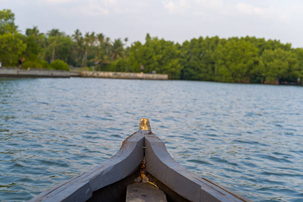 Close-up view of a wooden boat's bow moving across calm blue water, with lush green trees and distant palms lining the shore on Munroe Island, India. Soft daylight creates a peaceful, inviting mood.