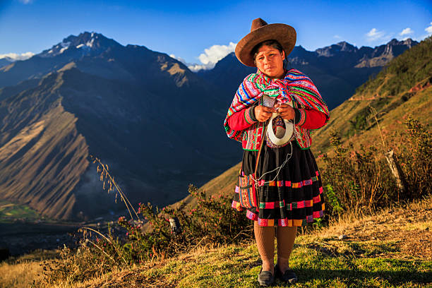 istock Peruvian woman spinning wool by hand in Sacred Valley, Peru 2255379152