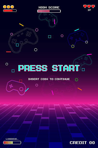istock PRESS START. pixel art 8 bit. Retro Futurism Sci-Fi Background. glowing neon grid. and stars from vintage arcade computer games. Vertical Backgrounds 2255382380