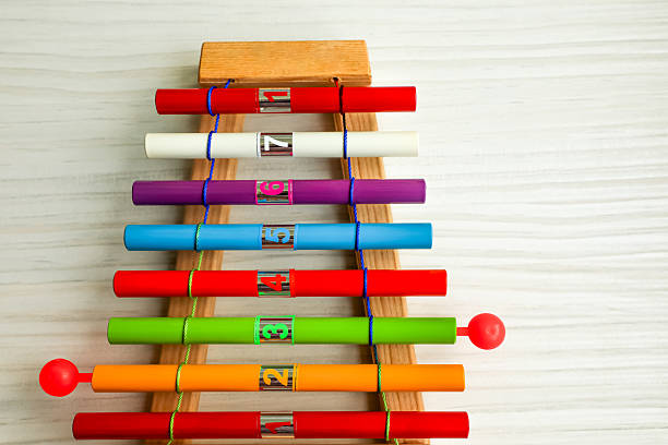 Educational toy xylophone with colorful numbered bars on a light background. Concept of children’s music education, early development, learning through play, and child creativity.