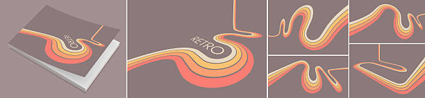 A retro 1970s-style background. Colorful lines. Abstract, dynamic curved ribbons. Softcover book layout. Cover design template. Vector illustration for brochure, planner, notebook or notepad.