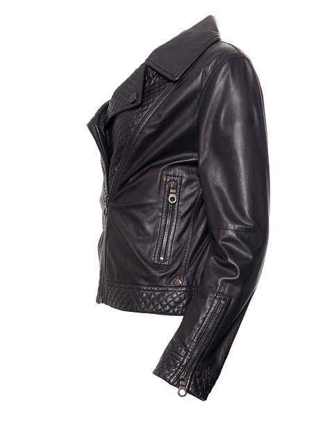 istock Black leather biker jacket with quilted panels isolated on white background 2255391311