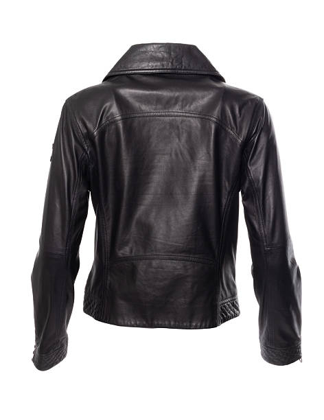 A stylish black leather biker jacket featuring quilted detailing, asymmetrical zip closure and zippered pockets photographed in a studio on a white background representing modern womenswear, edgy fashion and classic outerwear design