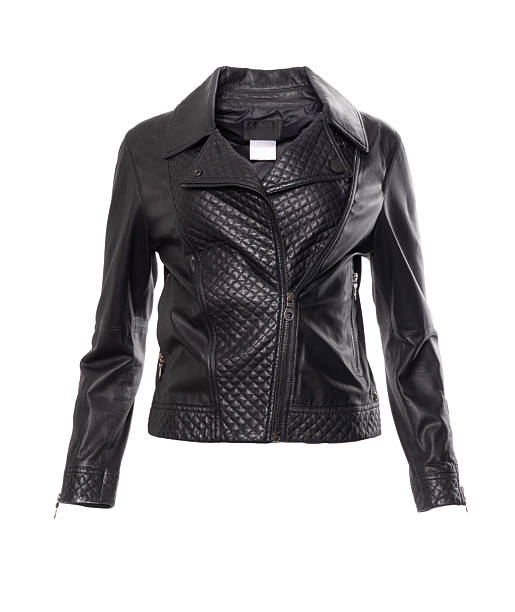 A stylish black leather biker jacket featuring quilted detailing, asymmetrical zip closure and zippered pockets photographed in a studio on a white background representing modern womenswear, edgy fashion and classic outerwear design