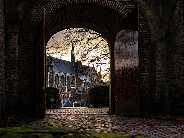 View of the Hooglandse Kerk, a gothic church in Leiden dating from the fifteenth century, as seen  on a nearby hill, in The Netherlands.