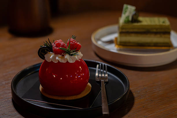 Gourmet Desserts: Red Raspberry Mousse and Matcha Cake