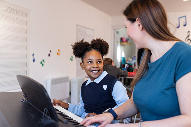 A waist-up shot of a young student and her instructor. The teacher is encouraging as she helps the girl. Other students are visible in the soft-focus background, suggesting a collaborative learning environment.Video for this scenario is available
