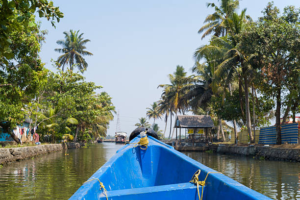 A vivid blue canoe moves along a narrow canal lined with lush palm trees and village houses in Alappuzha, Kerala. Sunlight filters through the tropical foliage, creating a bright, tranquil scene.