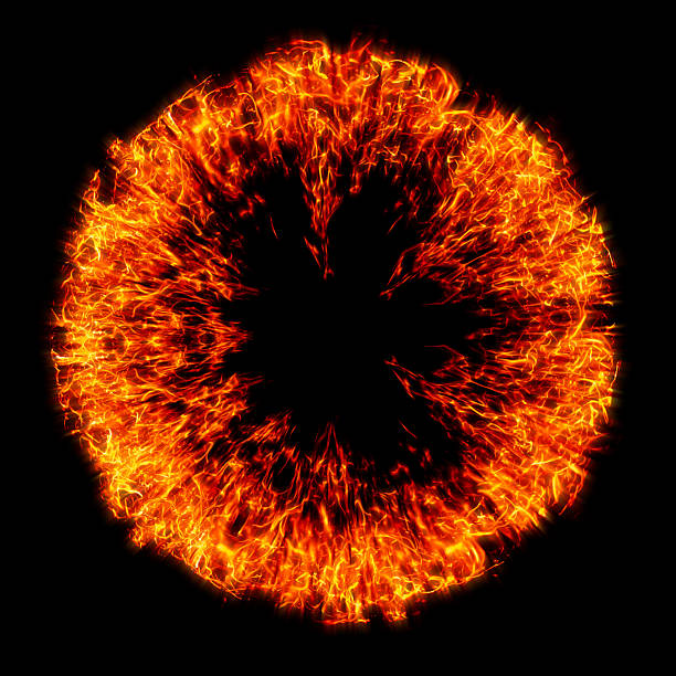 Ring of fire on black background. Burning fire circle with flames. Flame ring isolated on black. Fiery circle with glowing flames overlay. Burning ring of fire effect. Fire sphere. Pupil burning frame