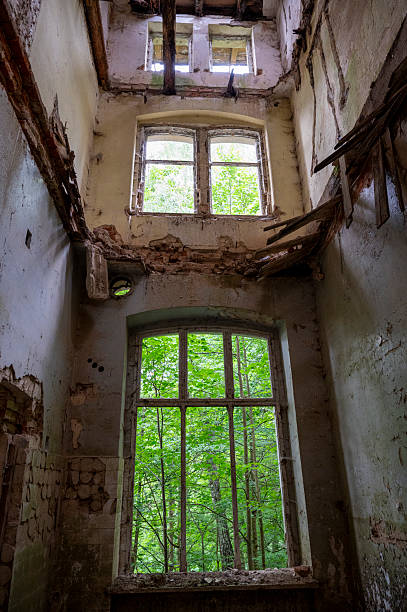 An old and dilapidated building in the forest, a collapsing structure.